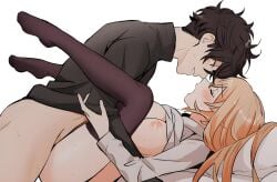 1boy 1girls ass bar_censor black_hair black_legwear black_pants black_shirt blonde_hair blush boots bottomless breasts brother_and_sister brown_footwear censored closed_eyes commentary_request doromame female grin happy happy_sex holding hood_down hoodie incest large_breasts legs_up male nakiri_asahi nakiri_erina nipples no_shoes open_mouth oral pants pussy scabbard sex shaved_crotch sheathed shirt shokugeki_no_souma siblings smile straight sword thighhighs tongue wholesome