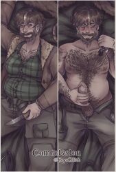 bara barazoku beard chubby_male commission dakimakura dakimakura_design dilf facial_hair fat_man hairy_chest hairy_male kayaglitch mason_heiral mature_male older_male penis_out shirtless the_price_of_flesh