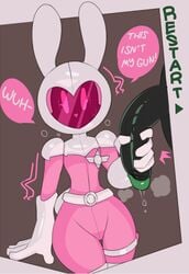 2018 5_fingers anthro armor breasts captain_kirb clothing dialogue duo english_text female forced gloves handjob helmet lagomorph looking_at_viewer male mammal penis pinku_(miscon) precum rabbit sex small_breasts straight surprise sweat text thick_thighs thigh_gap uniform vein