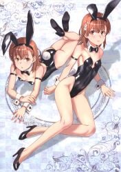 2020s 2023 2girls alternate_costume animal_ears arm_strap ass bare_hips bare_legs bare_shoulders black_bow black_bowtie black_footwear black_leotard bow bowtie breasts brown_eyes brown_hair clone collarbone detached_collar fake_animal_ears fake_tail feet_up female full_body hair_flower hair_ornament hi_res high_heels highleg highleg_leotard hips huge_filesize leotard looking_at_viewer lying matching_hair/eyes misaka_imouto misaka_mikoto multiple_girls no_bra on_side on_stomach open_mouth parted_lips playboy_bunny rabbit_ears rabbit_tail raika9 scan short_hair simple_background small_breasts strapless strapless_leotard tail teenage_girl teenager to_aru_kagaku_no_railgun to_aru_majutsu_no_index traditional_bowtie white_wrist_cuffs young