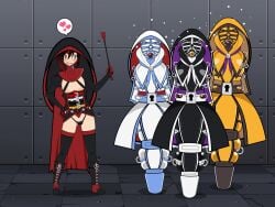 4girls blake_belladonna blindfold blindfolded bondage bondage_outfit bound bound_arms bound_legs chastity chastity_belt chastity_device dominant_female dominatrix female_chastity femdom femsub gag gagged lock nun nun_outfit riding_crop ruby_rose rwby slave tagme weiss_schnee yang_xiao_long