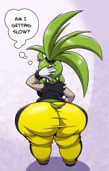 1girls anthro ass back_view bonusart bracelet earrings english_text female female_focus female_only furry gloves green_fur green_hair hips large_ass ponytail ring sega sonic_(series) sonic_the_hedgehog_(series) spiked_bracelet surge_the_tenrec tenrec text thick_thighs thighs thought_bubble wide_hips