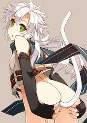 anal anal_object_insertion anal_tail ass ass_grab bottomless brown_background eiyuu_densetsu elbow_gloves fake_tail female fie_claussell fingerless_gloves from_behind gloves green_eyes highres jacket long_hair looking_at_viewer looking_back object_insertion scarf sen_no_kiseki shikei silver_hair solo spread_ass tail white_hair