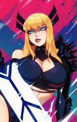 1girls armor blonde_hair boob_window busty cleavage cleavage_cutout glowing_eyes illyana_rasputin light-skinned_female light_skin magik_(illyana_rasputin) marvel marvel_comics mutant qt0ri spiked_collar spikes sword x-men