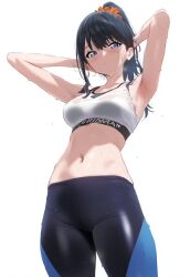 ai_generated aiart_fring armpits arms_behind_head artist_request black_hair black_leggings blue_eyes female female_only gym_uniform hairband highres leggings long_hair looking_at_viewer looking_down midriff navel orange_hairband ponytail sports_bra sportswear ssss.gridman sweat sweatdrop takarada_rikka white_sports_bra