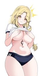 1girls belly_button blonde_hair blue_nails blush breasts eyebrows_visible_through_hair female female_only gimmins7457844 gym_uniform huge_breasts light-skinned_female light_skin luxeed no_bra solo tattoo uniform virtual_youtuber vrecord yellow_eyes