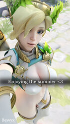 3d alternate_costume bewyx blender blizzard_entertainment bottomless bra eichenwalde_(map) female mercy nipple_bulge overwatch selfie solo tagme winged_victory_mercy