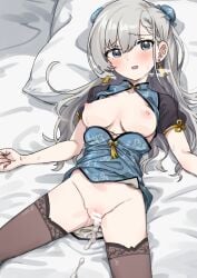 after_sex after_vaginal bar_censor blue_eyes blush breasts bun_cover censored china_dress chinese_clothes clothes_lift cum cum_in_pussy dress dress_lift earrings female grey_hair hisakawa_hayate idolmaster idolmaster_cinderella_girls jewelry kusugi_tai long_hair looking_at_viewer lying medium_breasts nipples on_back open_mouth pillow pussy shrug_(clothing) smile solo sweat tassel tassel_earrings thighhighs