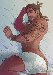 1boy 1human 2017 2d 2d_(artwork) 2d_artwork brown_eyes brown_skin daddy daddy_anus daddy_kink dark-skinned_male dark_skin dilf dreadlocks dream_daddy:_a_dad_dating_simulator evinist game_grumps in_bed looking_at_viewer male male_focus male_only male_solo mat_sella_(dream_daddy) melanin muscles muscular muscular_male no_visible_genitalia smiling_at_viewer solo tattooed_male viewed_from_above