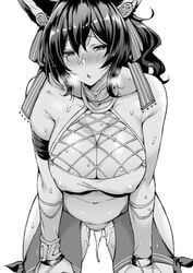 animal_ears bangs bare_shoulders belly_folds blush breasts cleavage collarbone commentary_request covered_navel earrings erune female gloves granblue_fantasy greyscale hair_between_eyes hair_ornament hair_ribbon hands_on_own_knees ilsa_(granblue_fantasy) jewelry large_breasts leaning_forward long_hair looking_at_viewer loosen_belly monochrome mushi024 nipple_bulge one-piece_swimsuit open_mouth pussy_juice ribbon sky solo swimsuit thick_cum thighs wet white_background