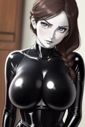 1girls ai_generated black_bodysuit bodysuit braided_hair fully_clothed latex latex_suit looking_at_viewer nintendo shiny_clothes skin_tight v-shaped_eyebrows white_skin wii_fit_trainer