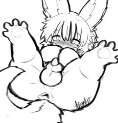 absurd_res animal_genitalia animal_humanoid animal_penis anus balls blush blush_lines canine_genitalia canine_penis feet genitals hair hands_on_mouth hi_res humanoid lagomorph lagomorph_humanoid long_ears looking_away made_in_abyss male mammal mammal_humanoid nanachi narehate pawpads penis rabbit_ears sheath short_hair solo spread_legs spread_toes spreading toes true_fossil_soul uncolored whiskers