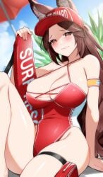 1girls 2d 2d_(artwork) animal_ears big_breasts blush brown_eyes brown_hair cleavage female female_focus female_only floating_object fox fox_ears fox_girl fox_humanoid hips huge_breasts kitsune large_breasts lifeguard long_hair looking_at_viewer nervous nervous_smile nervous_sweat one-piece_swimsuit outdoors saeko_kitsune sweat swimsuit thigh_strap thighs tochi_keisuke virtual_youtuber vtuber