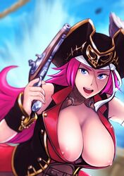 1girls areolae artist_request blue_eyes breasts clothed fate_(series) female_only francis_drake gun hat huge_breasts human large_breasts nipple_slip nipples pink_hair pirate scar smile source_request weapon