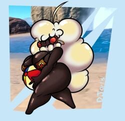 artist_name beach beach_ball big_breasts big_hair bikini breasts breasts_bigger_than_head cotton_girl cute dark_skin dj_arts earrings gold_earrings gold_jewelry jewelry neck_tuft pokemon pokemon_(species) scarlet_(dj_arts) shortstack smile thick_thighs whimsicott white_hair