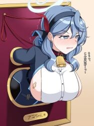 ako_(blue_archive) animal_collar bell blue_archive blue_eyes blue_hair blush bondage breasts collar commentary_request female glory_wall halo highres large_breasts leash neck_bell rebake rebake-1453 restrained sideboob sideless_outfit sideless_shirt solo stuck through_wall translation_request