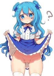 :o ? bangs blue_bow blue_eyes blue_hair blue_skirt blush bow commentary_request cowboy_shot eyebrows_visible_through_hair facial_mark female frilled_skirt frills groin hair_between_eyes hairbow lifted_by_self long_hair nose_blush original parted_lips puffy_short_sleeves puffy_sleeves pussy pussy_juice renoa_yu shirt short_sleeves simple_background skirt skirt_lift solo standing star star-shaped_pupils striped striped_shirt symbol-shaped_pupils thighhighs two_side_up vertical-striped_shirt vertical_stripes very_long_hair white_background white_legwear white_shirt