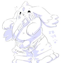 2019 absurd_res anthro belly blush bottomwear clothing digimon digimon_(species) english_text gargomon hi_res humanoid_hands humanoid_penis male male_only mammal navel overweight overweight_male pants penis simple_background solo text zestibone zesty