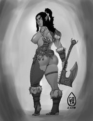 2018 areolae armor ass axe back_view barefoot belt big_ass black_hair blizzard_entertainment body_markings boots breasts curvy dat_ass dated ear_piercing earrings eye_scar facial_markings facial_piercing facial_scar feet female female_only female_pubic_hair fingerless_gloves functionally_nude fur_trim genderswap genderswap_(mtf) gloves gorehowl gotalex greyscale grom_hellscream hand_on_ass high_ponytail holding_weapon humanoid kneepits large_breasts legband long_hair looking_back melee_weapon monochrome nipples nose_piercing orc orc_female pointy_ears ponytail pubic_hair puffy_nipples pussy rule_63 scar shoulder_pads sideboob signature soles solo spikes stirrup_legwear toeless_legwear toes toned torn_clothes tusks warcraft world_of_warcraft