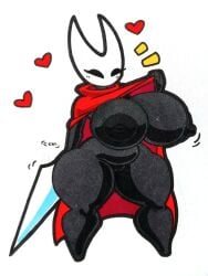 anthro areola arthropod big_breasts black_areola black_body black_eyes black_nipples blush blush_lines breasts cloak cloak_only clothed clothing clothing_lift empty_eyes eyelashes featureless_feet feet female flashing genitals heart_symbol hi_res holding_object holding_weapon hollow_knight hornet_(hollow_knight) huge_breasts insects mr.ctm mr_ctm nipples nude pussy red_cloak red_clothing simple_background slightly_chubby solo team_cherry thick_thighs weapon white_background white_body wide_hips