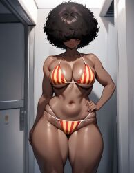 1girls afro afro_hair ai_generated beach big_breasts catalonia_bikini catalonia_flag catalonia_flag_bikini dark-skinned_female dark_skin flag_bikini foreigner hair_over_eyes huge_breasts mole sand seaside tetillas tetillas_(artist)