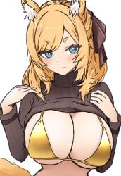 1girl animal_ear_fluff animal_ears arknights bikini black_bow black_sweater blonde_hair blue_eyes blush bow breasts bright_pupils cleavage clothes_lift gold_bikini hair_bow highres horse_ears horse_girl horse_tail kousi_sirazawa large_breasts lifting_own_clothes long_hair short_eyebrows simple_background solo sweater sweater_lift swimsuit tail upper_body v-shaped_eyebrows whislash_(arknights) white_background white_pupils