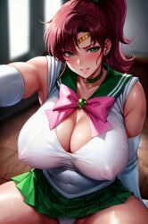 ai_generated bishoujo_senshi_sailor_moon breasts_bigger_than_head clothing erect_nipples erect_nipples_under_clothes gigantic_breasts green_eyes huge_breasts large_breasts looking_at_viewer magical_girl makoto_kino miniskirt nipples_visible_through_clothing panties ponytail red_hair sailor_jupiter skirt tanumanai thick_thighs thighs voluptuous voluptuous_female