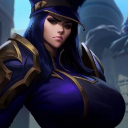 ai_generated angry boobs caitlyn_kiramman clothed clothed_breasts clothed_female frown hat huge_breasts league_of_legends looking_at_viewer massive_breasts piercing_eyes scowl uniform