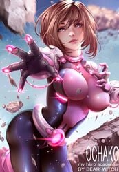 1girls bearwitch bodysuit breasts brown_eyes brown_hair female female_only hand_on_breast hero_outfit_(mha) human large_breasts looking_at_viewer magic my_hero_academia ochako_uraraka pink_bodysuit rocks skin_tight solo_focus text watermark