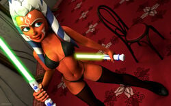 1girls 3d ahsoka_tano alien alien_girl artist_name bare_shoulders big_breasts bikini bikini_bottom bikini_top blue_eyes busty chair clone_wars coruscant curvy eyelashes female female_only footwear front_view green_lightsaber holding_object hourglass_figure humanoid indoors inside jedi jedi_padawan kondaspeter legwear lightsaber mammal marking midriff orange_skin pose posing room see-through senate_building shadow shiny shiny_skin solo spread_legs spreading standing star_wars stockings swimsuit thong togruta voluptuous weapon wide_hips