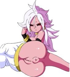 1girls 2010s android_21 annoyed anus back_view black_sclera breasts curvy dark_persona dragon_ball dragon_ball_fighterz dragon_ball_z earrings female gkg humanoid large_breasts long_hair looking_at_viewer majin majin_android_21 monster_girl pants pants_pulled_down pink_skin pointy_ears puffy_anus pussy red_eyes tail transparent_background white_hair