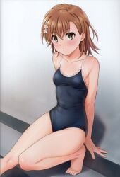 1girls 2020s 2022 absurd_res bare_legs bare_shoulders barefoot blush breasts brown_eyes brown_hair closed_mouth collarbone competition_swimsuit female flower foot_out_of_frame hair_flower hair_ornament hi_res isshi_pyuma legs lips looking_at_viewer matching_hair/eyes misaka_mikoto one-piece_swimsuit scan shiny_skin small_breasts solo swimsuit teenage_girl teenager thighs to_aru_kagaku_no_railgun to_aru_majutsu_no_index toes young