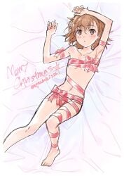 10s 1girls 2019 :< arm_above_head bare_legs bare_shoulders barefoot bed_sheet blush breasts brown_eyes brown_hair christmas collarbone completely_nude completely_nude_female female flower from_above full_body hair_flower hair_ornament hips isshi_pyuma looking_at_viewer lying matching_hair/eyes misaka_mikoto naked_ribbon navel nude nude_female on_back on_bed pink_ribbon ribbon short_hair sketch small_breasts solo stomach teenage_girl teenager to_aru_kagaku_no_railgun to_aru_majutsu_no_index toes twitter_username young