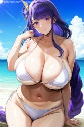 ai_generated bikini bikini_top blue_hair breasts_bigger_than_head genshin_impact gigantic_breasts huge_breasts lewis_ai_art lewisai long_hair mature_female milf purple_eyes raiden_shogun squatting sweat sweatdrop thick_thighs thighs voluptuous voluptuous_female