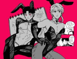 2boys black_eyes bunny_costume bunnysuit chihiro_rokuhira comic dialogue english_text gay hakuri_sazanami kagurabachi katsutentacle male male_only nipple playboy_bunny red_eyes yaoi