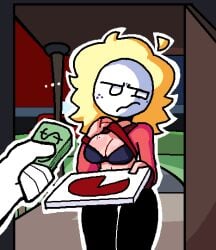 ... anne_meadows arcaned_roses black_bra black_pants blonde_hair freckles holding_money holding_object mask masked masked_female oc original_character pizza pizza_box red_shirt roses_arcaned shirt_lift tagme yellow_hair