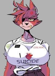 angry angry_face big_breasts eyebrow_piercing five_nights_at_freddy's foxy_(fnaf) furry gold_tooth huge_breasts mad one_eye_closed one_eye_obstructed one_eyed only_female piercing piercings rule_63 shirt_tucked_in text_on_shirt xexeezy