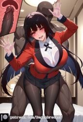 1girls against_fourth_wall against_wall ai_generated big_breasts black_hair black_pantyhose blunt_bangs breast_press cross_section dark-skinned_male degenbrecher female jabami_yumeko pantyhose patreon patreon_username red_eyes red_jacket school_uniform sex_from_behind skirt subscribestar subscribestar_username uncensored white_shirt