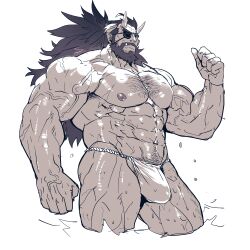 1boy bara beard bulge eyepatch fundoshi horns long_hair male male_nipples male_only muscular muscular_arms muscular_male muscular_thighs nipples pecs rybiok scars underwear veiny_arms