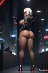 1girls ai_generated dark-skinned_female dark_skin full_body half_naked high_heels hoodie huge_ass huge_breasts large_breasts milf night pornx.ai round_ass seductive_pose seductive_smile short_hair standing straight_hair thick_thighs white_hair