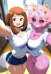 ai_generated ashido_mina bedroom big_breasts cleavage dorm dorm_room heart jaygoats mina_ashido my_hero_academia ochako_uraraka panties selfie shorts smile t-shirt thighs