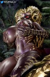 3d 3d_(artwork) 3d_model anthro big_ass big_breasts big_butt blender blender_eevee bom39 dragon elder_dragon female_dragon forest gold_(metal) hi_res high_resolution kulve_taroth kulve_taroth_(bom39) lizard monster_girl monster_hunter non-mammal_breasts only_female scalie solo_female touching_breast turtwig_h