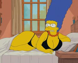 angry bed black_bra black_thong bra cleavage fonglet large_breasts laying_down laying_on_bed laying_on_side marge_simpson sheets the_simpsons thong window