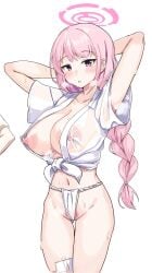 bandaged_leg bandages blue_archive braid breasts dusu_hachikuji eimi_(blue_archive) female_pubic_hair fundoshi halo happi highres japanese_clothes large_breasts long_hair navel pink_eyes pink_hair pubic_hair pussy simple_background steam steaming_body wet wet_clothes white_background yamakasa