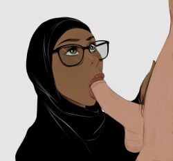 blowjob brown_skin glasses green_eyes hijab light-skinned_male looking_at_another looking_at_partner looking_up looking_up_at_partner tagme