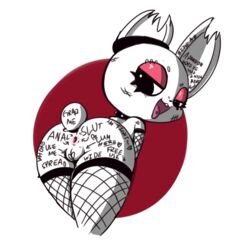 2018 alpha_channel anthro anus ass bedroom_eyes body_writing clothing collar eyebrow_piercing facial_piercing female fishnet fur half-closed_eyes lagomorph leaning leaning_forward legwear looking_at_viewer looking_back mammal piercing presenting presenting_hindquarters pussy rabbit rabbit_tail rear_view seductive shortstack solo text thick_thighs thigh_highs tongue tongue_out tongue_piercing vono white_fur