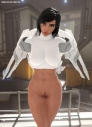 3d abs black_eyes black_hair blender blizzard_entertainment bottomless dark-skinned_female dark_skin female female_pubic_hair high_resolution jackal_pharah looking_at_viewer muscle muscular_female navel_piercing overwatch pharah pharah-best-girl piercing power_armor pubic_hair scar