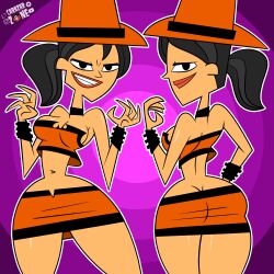 ass_crack big_ass big_thighs breasts carazar_zone disventure_camp grey_hair grin grinning_at_viewer halloween halloween_2024 halloween_theme hourglass_figure looking_at_viewer looking_back multicolored_skirt multicolored_topwear october odd_nation_cartoons orange_hat outfit purple_background showing_ass skirt smiling_at_viewer thighs topwear wide_hips