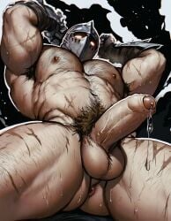 1boy ai_generated anus armpit_hair ass balls bara big_balls big_penis boyfriendai erection hairy_chest helmet male male_nipples male_only male_pubic_hair muscular_male nipples nude penis precum precum_drip