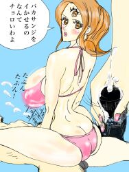 1boy 1girls 3_eyes ass big_breasts blush brown_hair charlotte_pudding female gmotida handjob huge_ass huge_breasts male multi_eye one_piece penis penis_grab pink_bikini straight vinsmoke_sanji